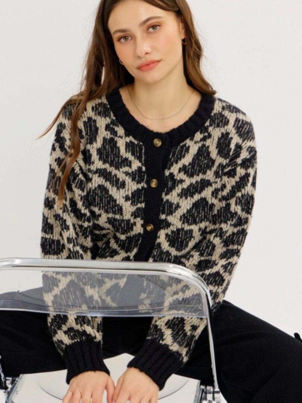 Leopard Print Oversized Knit Cardigan Black Cream NWT #D129